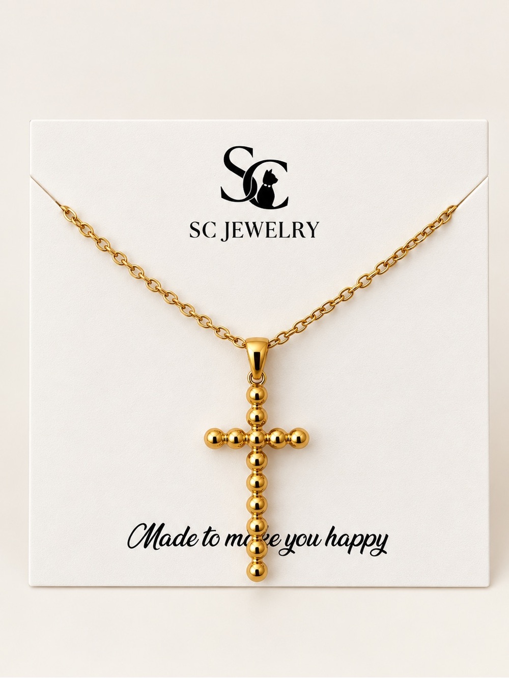 18K Gold Tone Stainless Steel Beaded Cross Pendant Necklace Dainty Faith Jewelry